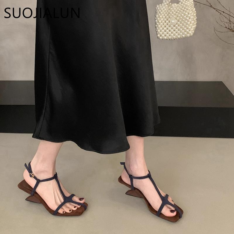 Mode SUOJIALUN 2025 Sommer Neu Damen Sandale Mode Schmaler Riemen Damen Gladiatorschuhe Hoher Keilabsatz Outdoor Kleid Pumps Sandalen