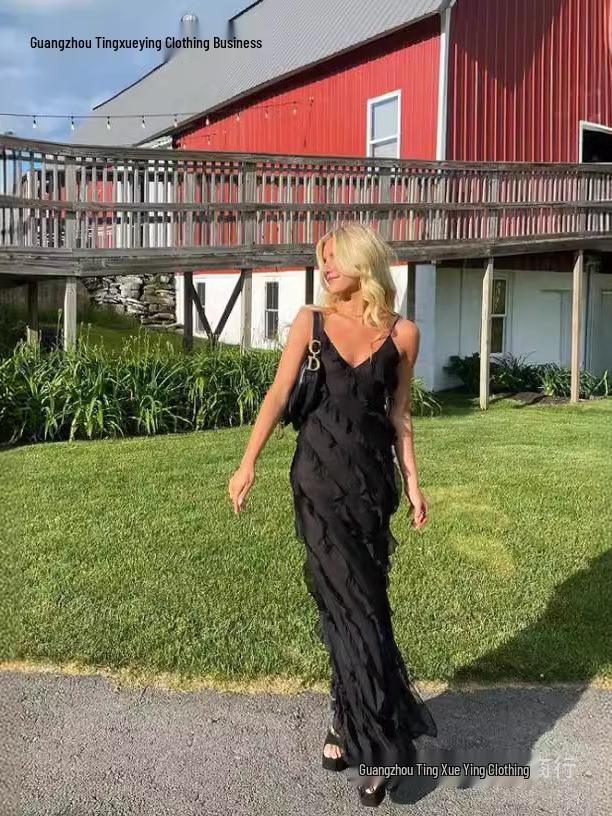 European-American Backless Spaghetti Strap Wave Slim-Fit Slit Maxi Dress