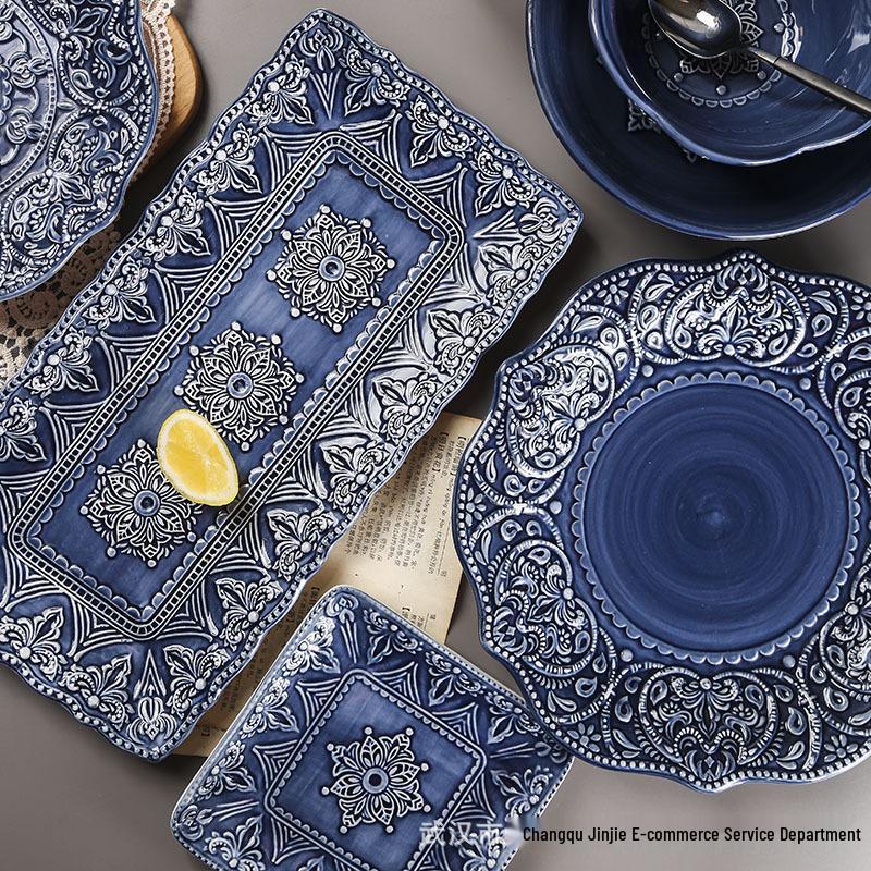European Baroque Embossed Ceramic Dinner & Soup Plate Set