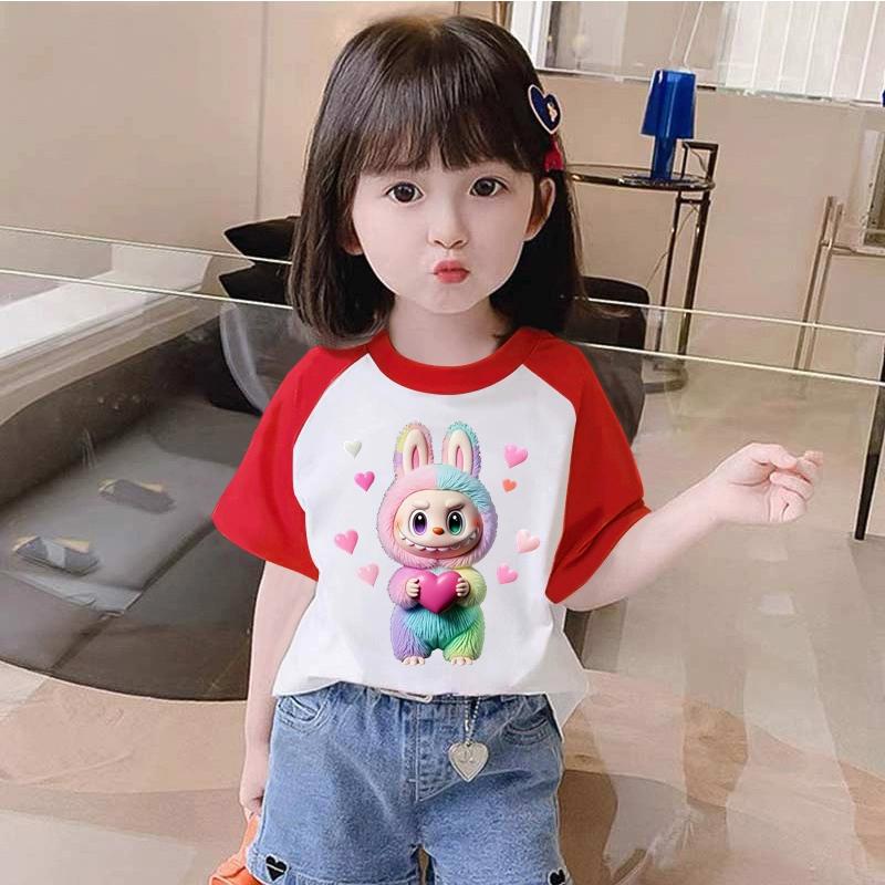 Kawaii Kreslená Labubu Dětské Dospělé Tištěné Tričko Léto Dámské a Pánské Ležérní Outdoorové Dívčí a Chlapecké Trička s Krátkým Rukávem Top