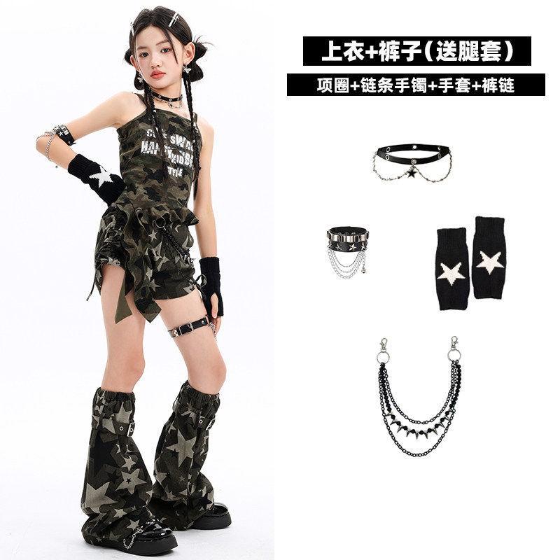 Girls Jazz Dance Outfit Camo Cami Shorts Set Kids Stage Performance Wear