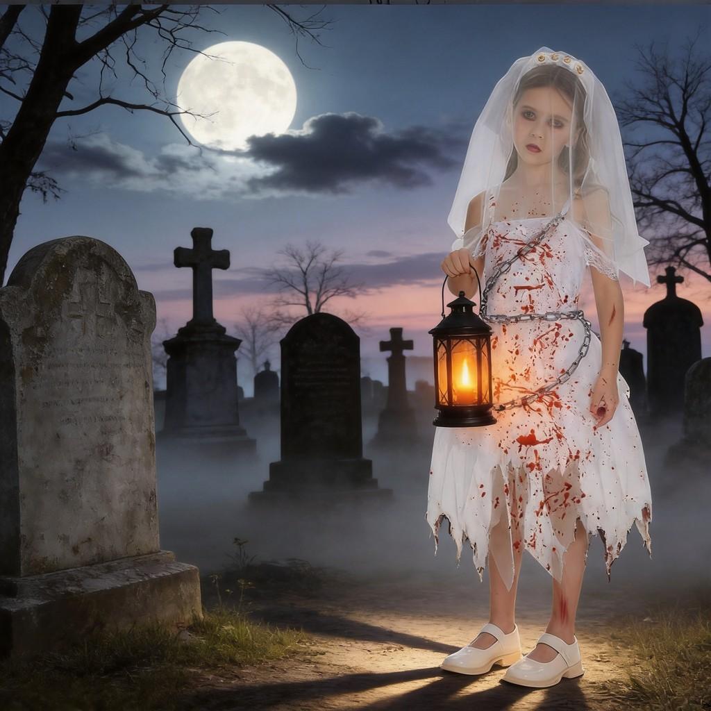 Costume Strega Fantasma Sposa di Halloween per Bambine con Pizzo Rete e Stampa per Festa Bambini