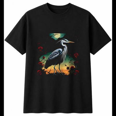 Double Exposure Heron with Roses Bird Mens T-Shirt Black 100% Cotton Printed