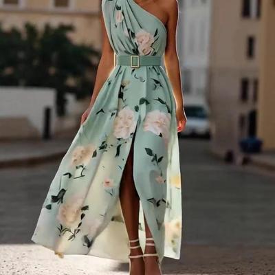 Damen Sommer Hohe Taille Ein Schulter Blumenmuster Maxikleid Schlitz am Oberschenkel Abendparty Sommerkleid