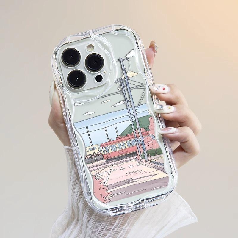 Train landscape illustration for iPhone15promax mobile phone case Apple 14 wave 12/13 soft case 11