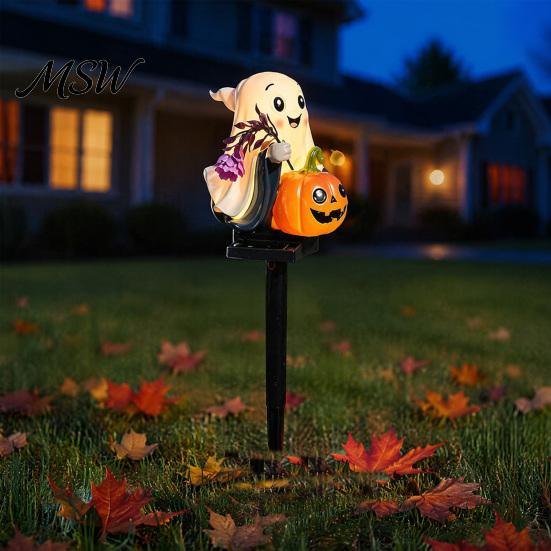 Outdoor Halloween Yard Decorations Solar Ghost Pumpkin Stake Light, LED Auto Light Sensor Garden Lamp, Waterproof Cute Lawn Ornament Decorative Ground