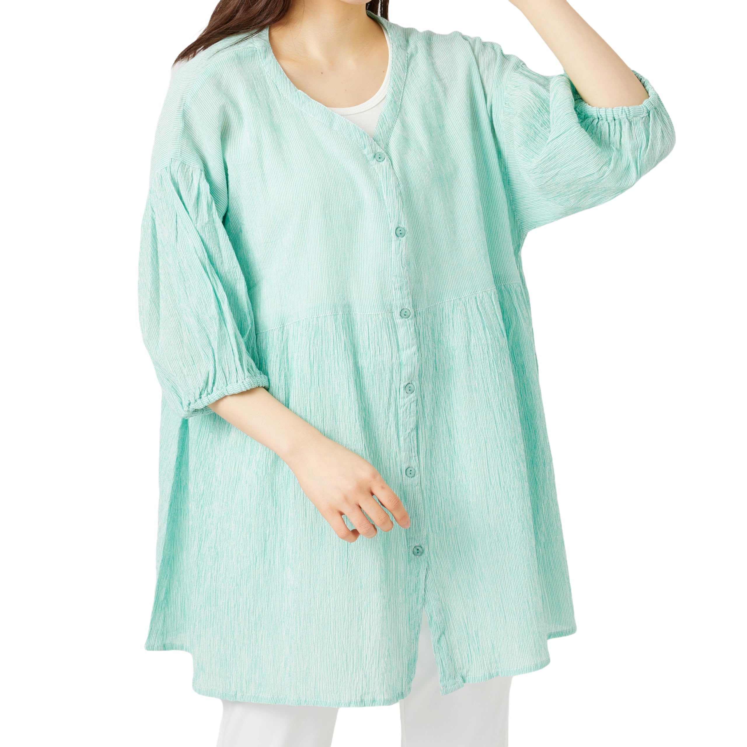 

Happy Marilyn Plus Size Gathered Breathable Premium Blouse Green Sizes Women s Top, 100% Cotton, Willow, 3/4 Sleeve, Waist, [496023], Stripe, 3L-4L