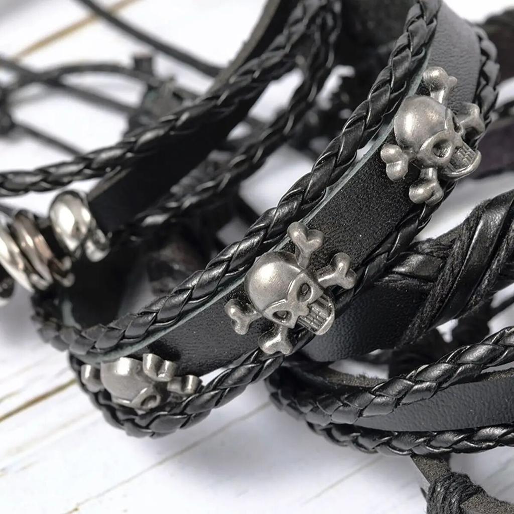 6pcs/Set Black Punk Skull & Star Shaped Alloy & Pu Leather Bracelet