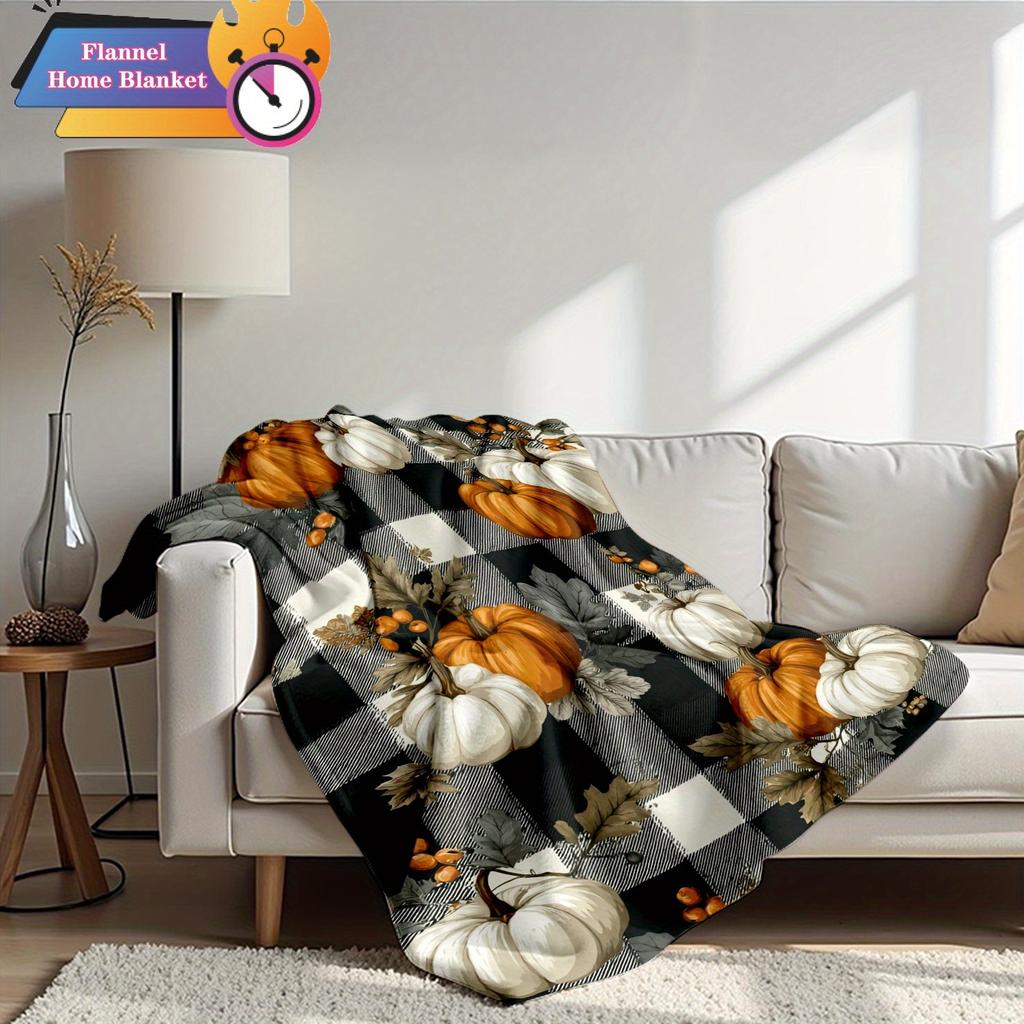 1pc Room Decoration Blanket, Pumpkin, Grid, Leaf Pattern Flannel Blanket jack-o'-lanterns Festive Halloween