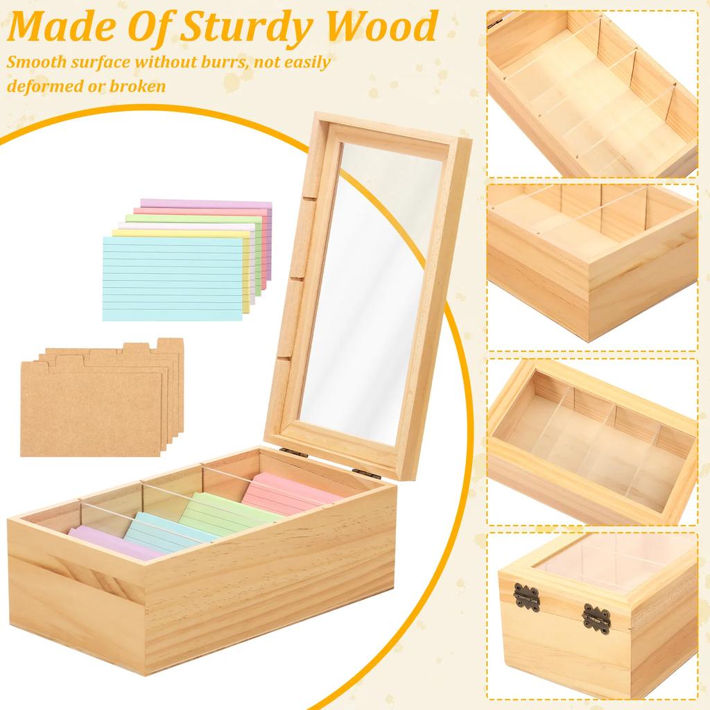 4/5 Slot Index Card Holder Set Wooden Desktop Storage Box with Lid Adjustable Divider File Note Holder Home Recipe Box Organizer