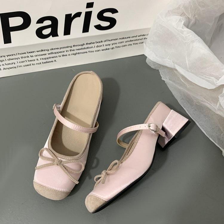 Silver Thick Heel Bow Half Slippers Women's Summer 2025 New Mary Jane Outer Wear Versatile One-word Bag Head Sandals