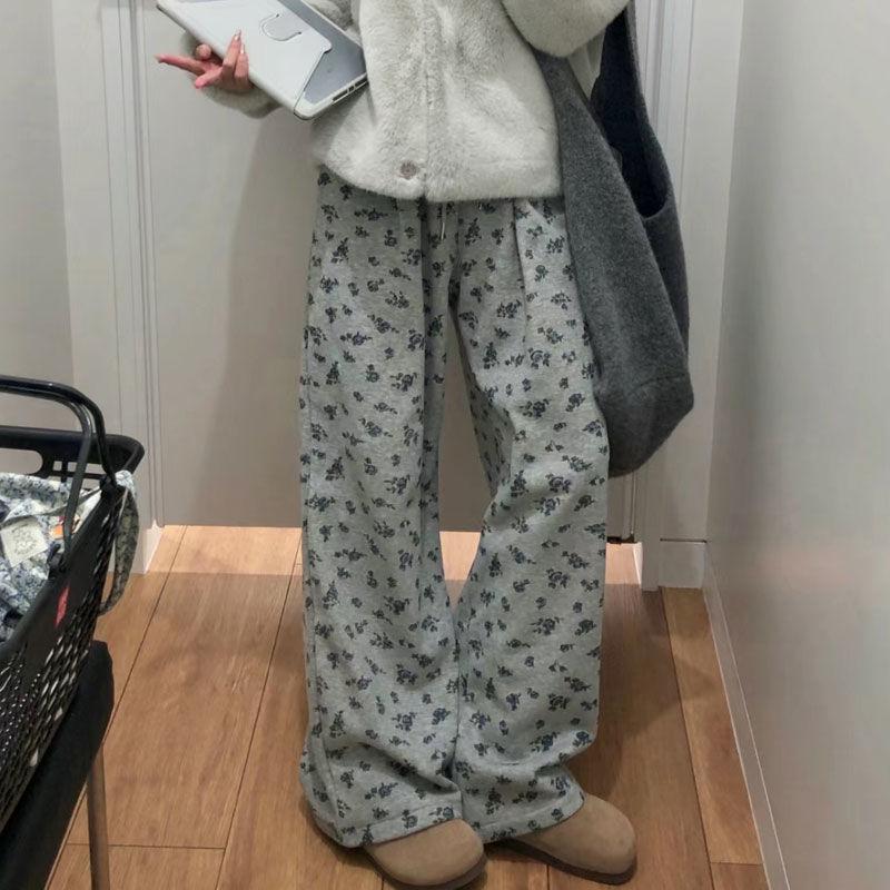 Spring/Autumn Lazy Style Retro Floral All-Over Print Wide-Leg Loose Casual Sweatpants for Women - Trendy Fashion