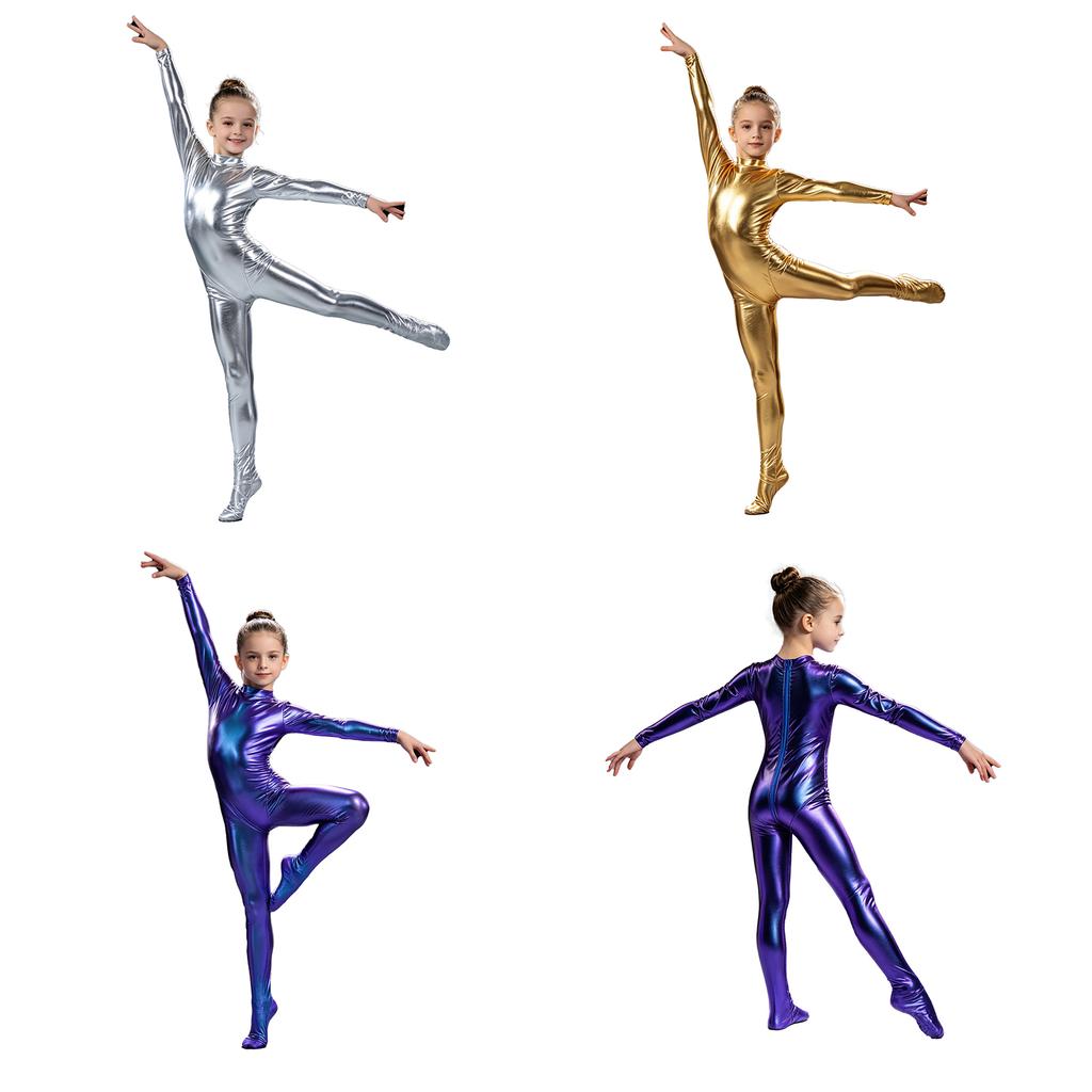 Long Sleeve Front Zip Metallic Footed Bodysuit for Girls Shiny Unitard Jumpsuit Stage Performance Dance Competition