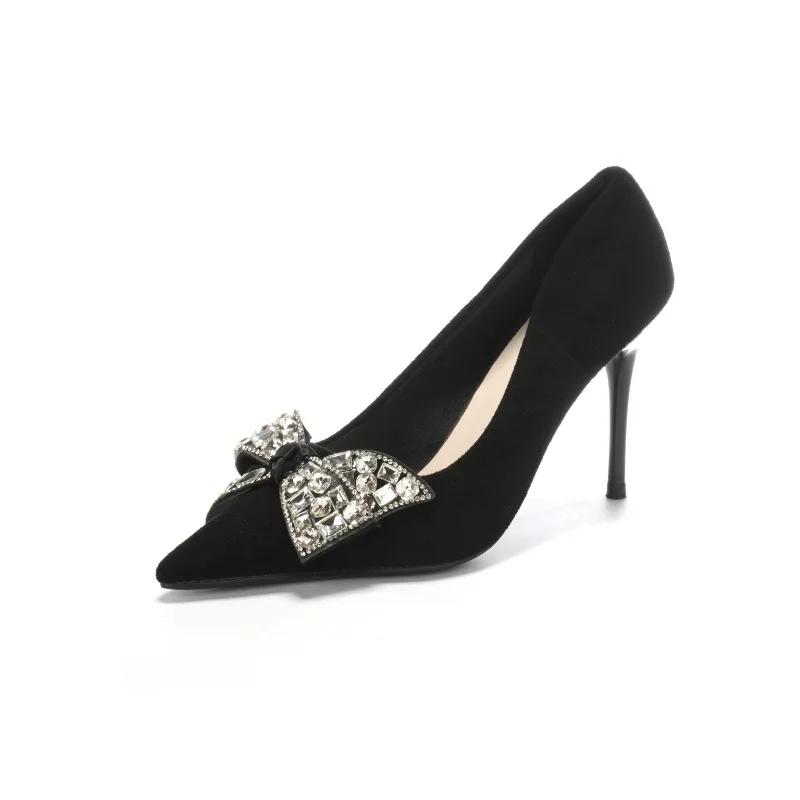 Fashion New Black Rhinestone Bow Women Pumps Luxury Banquet Shoes Sexy High Heels Shoes Women Stilettos Party Shoes Plus Size 43