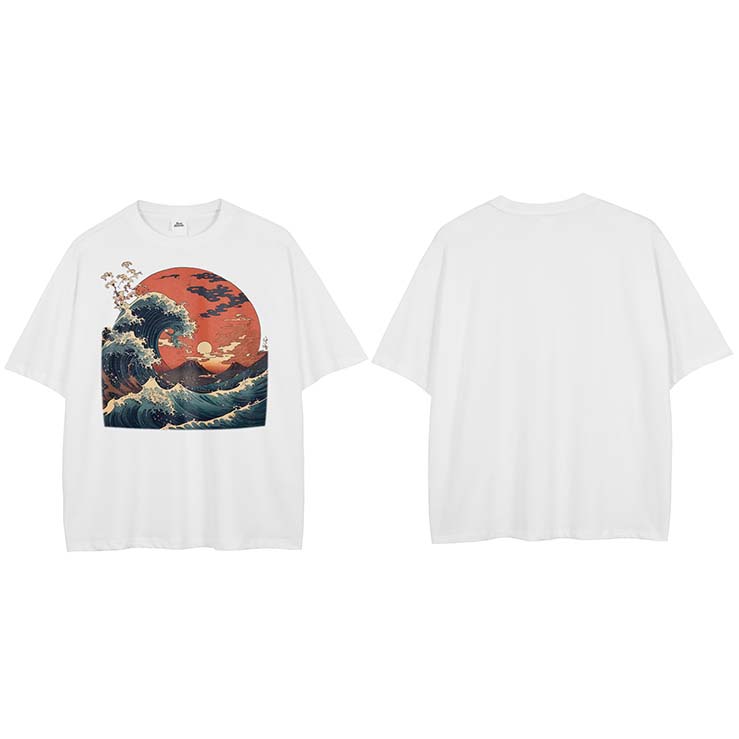 Men Washed Black TShirt Harajuku Streetwear Sun Wave Graphic T Shirt Cotton Japanese Ukiyoe Tshirt Hipster Tops Tee Unisex