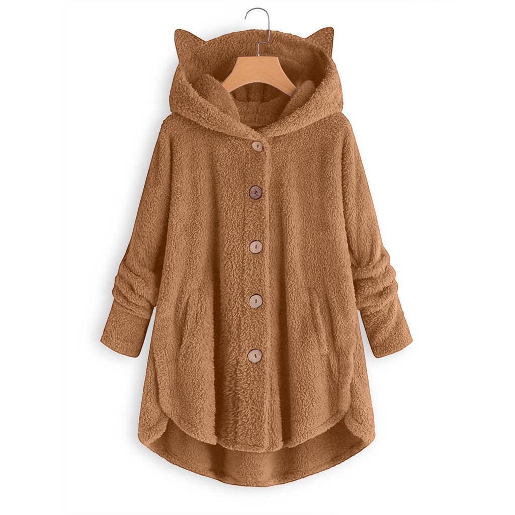 Women's Loose Plush Solid Color Single Breasted Pocket Hood Zipper Jacket