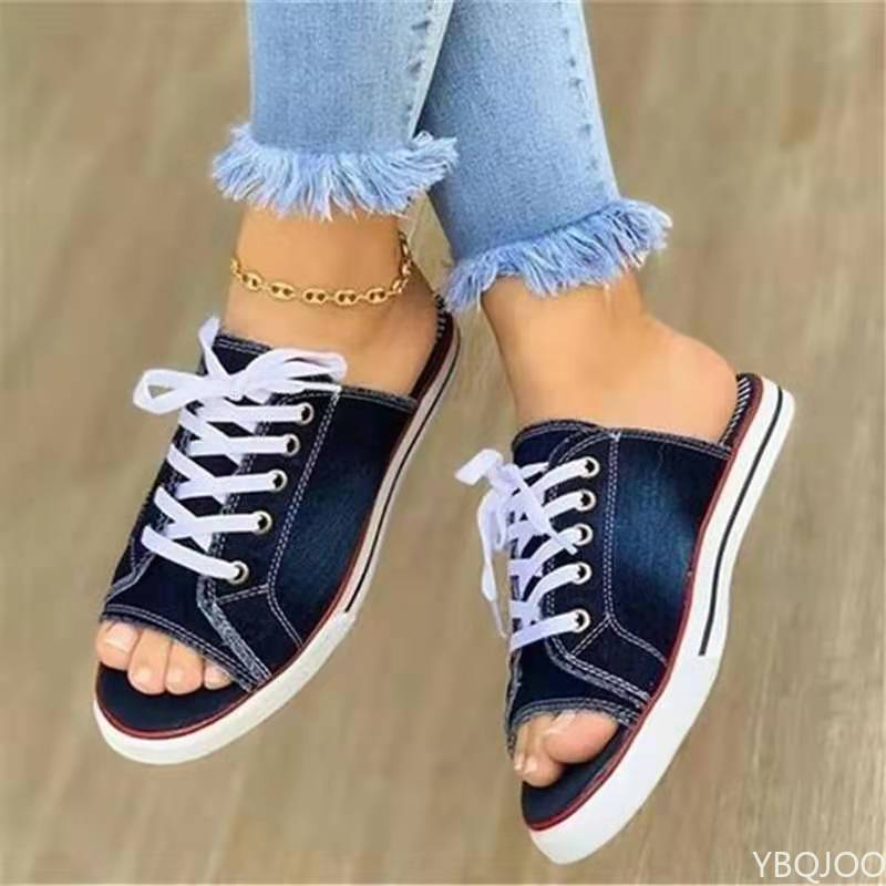 2026 Fashi Women Canvas Sandals Breathable  Slippers Lace Up Open Toe Ladies Faux Denim Flat Shoes Zapatos Mujer