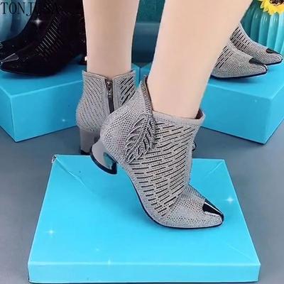 Sexy All-match Rhinestone Fashion Shoes Women Thick-heeled Mid-heel Pointed Toe Side Zipper Sandals Women's