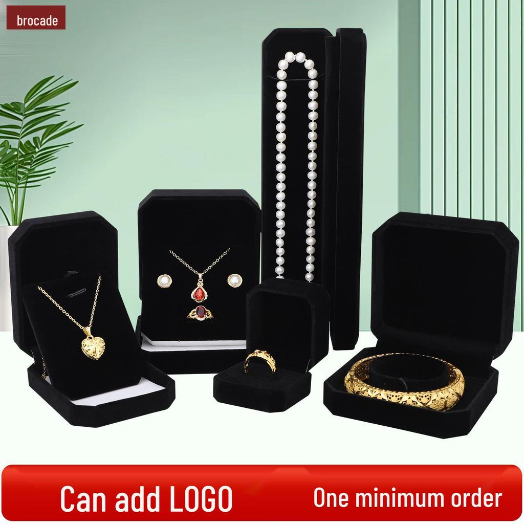 All Black Octagonal Velvet Jewelry Box for Rings, Pendants, and Bracelets Gift Set