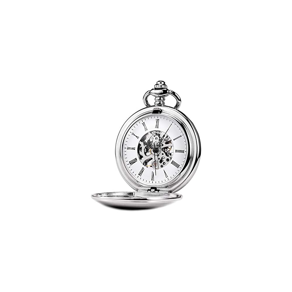 Treeweto Classic Mechanical Pocket Watch Antique Skeleton Roman Numerals Silver with Chain