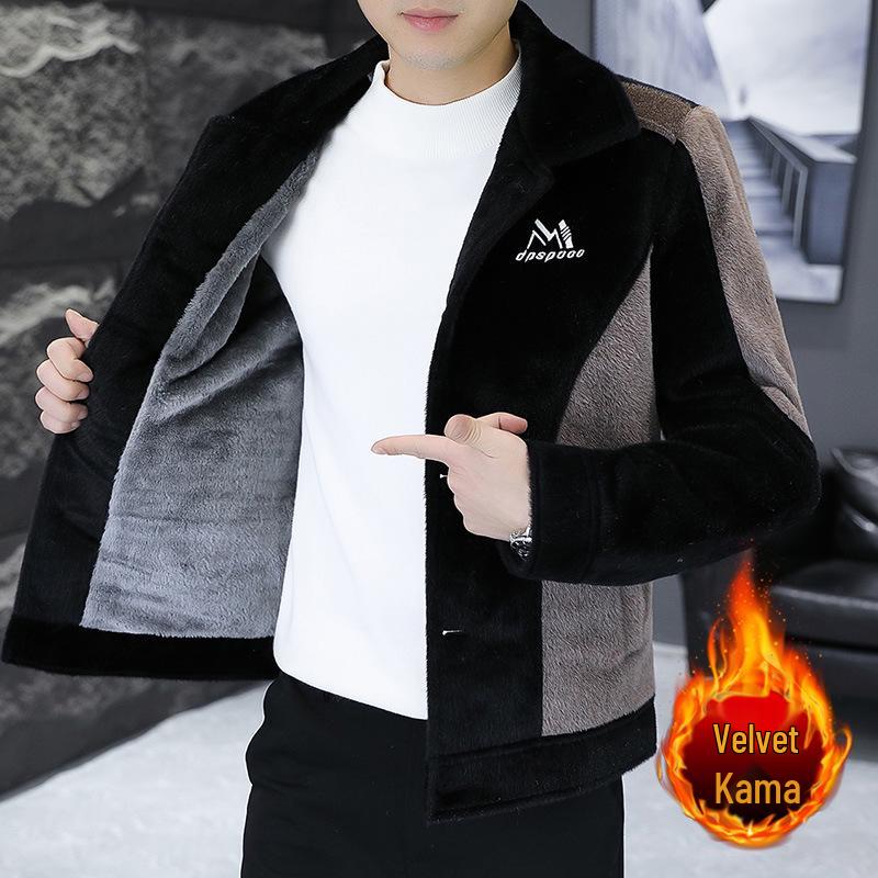 

Men s Winter Thickened Velvet Jacket, Lapel Short Coat, Color Block Design L (suggested for 105-120 lbs)