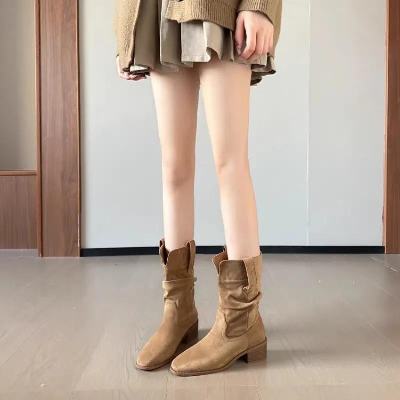 Retro Womens Boots Classic Western Cowboy Boots Fashion Pointe Mid-Calf Booties Quality Suede Casual Boots for Women Botas Mujer