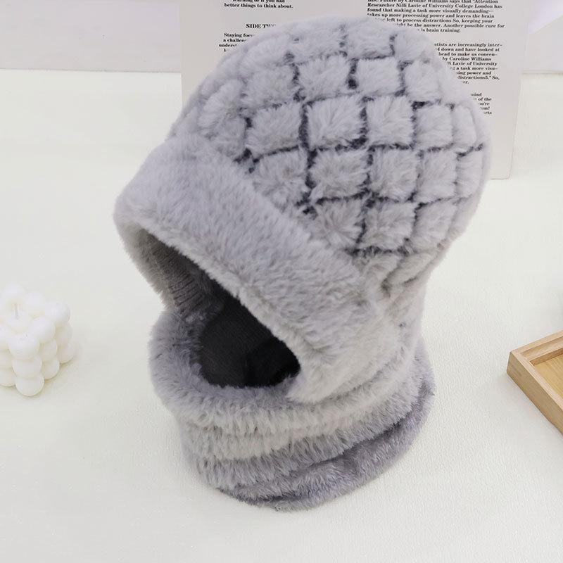 Fashion Plaid Plush Warm Scarf One-piece Hat Women's Winter Outdoor Cycling Windproof Neck Cover Plush Cap