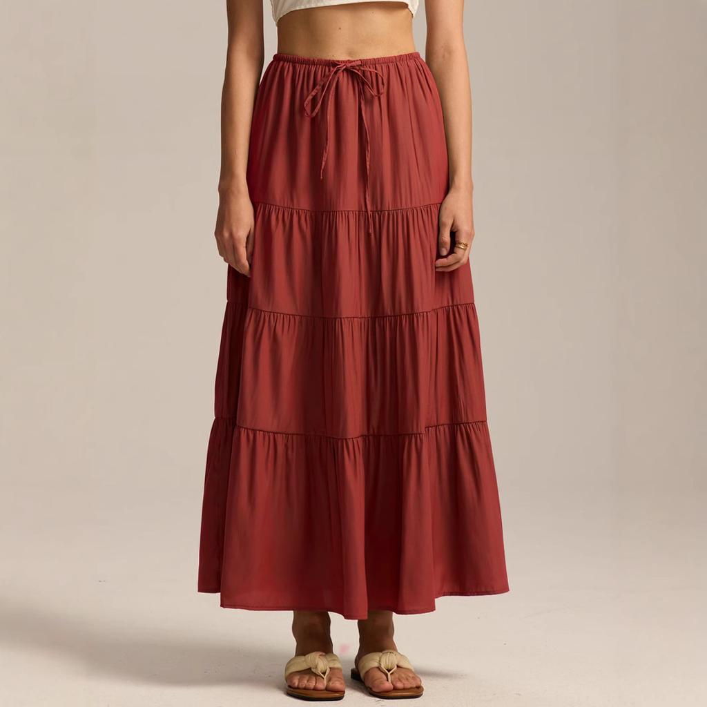 Women's Casual Maxi Skirts Summer Boho Solid Beach Elastic High Waist Pleated A-Line Flowy Swing Long Maxi Skirts Elastic Waist Long Skirt for Women