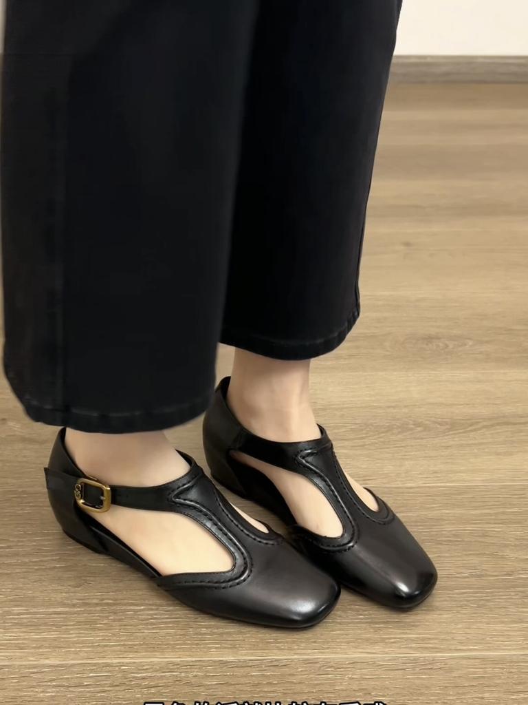 Sheepskin inner height increase retro Mary Jane shoes femininity French side empty wedge heel bag head sandals women's shallow mouth single shoes