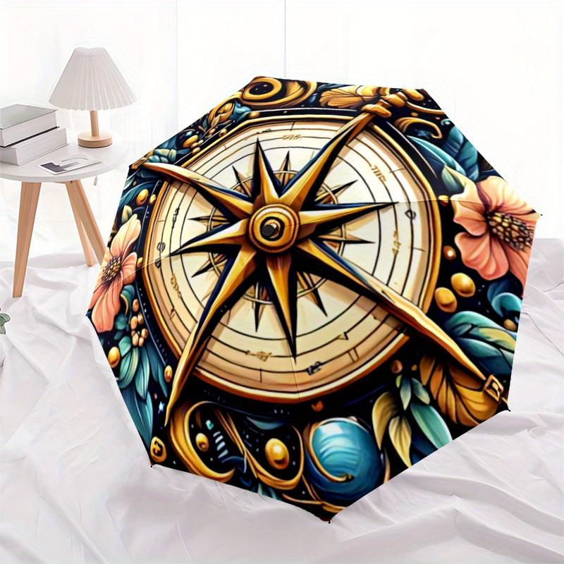 1pc Compass Floral Auto Open/close, All-Season Portable Folding Umbrella for Women & Men, Travel, Everyday, Formal Events - Compact Luxury Parasol, Ou