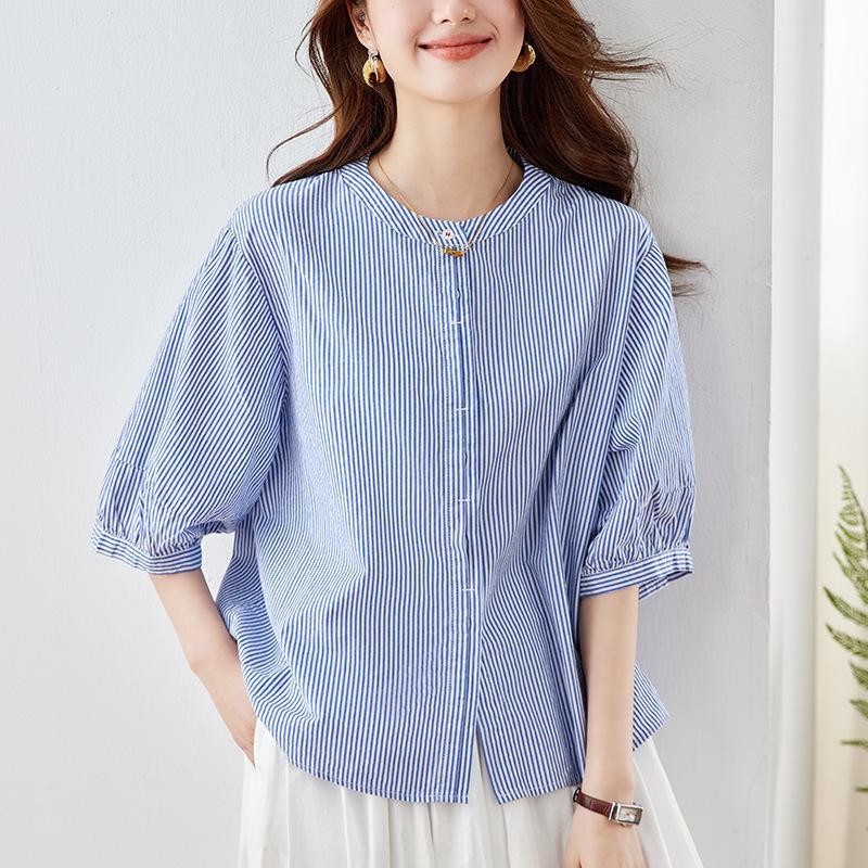 Round Neck Blue Striped Shirt for Women Short-sleeved Summer New Top Loose Casual Cotton Shirt