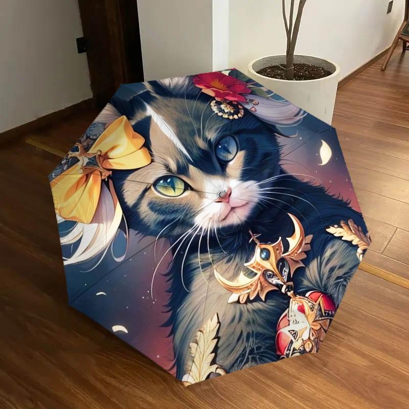 1pc Fantasy Cat Armor Floral Umbrella with Plastic Handle,Suitable for All Seasons Home Travel Outdoor UmbrellaDD100