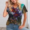 Women's V-neck Digital Printed Top Summer Short Sleeved Loose Women's Floral T-shirt