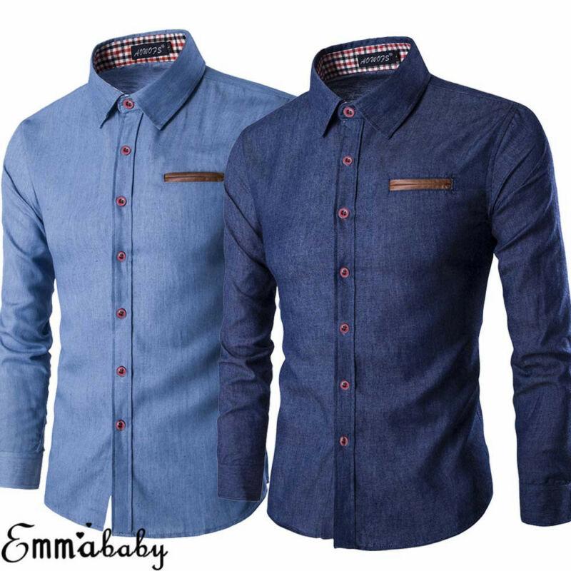 Men's Casual Slim Fit Stylish Wash Denim Long Sleeves Jeans Shirts Smart Casual Fashion Men Clothes