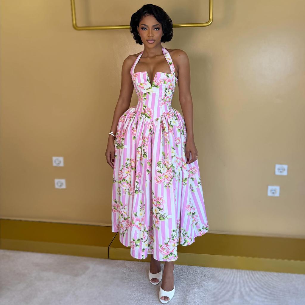 European and American Women's Clothing Summer New African Women's Clothing Holiday Style Neck Halter High Waist Printed Dress