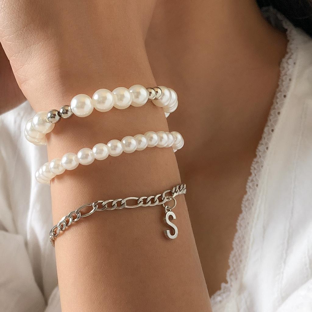 Simple Bow Pearl Beaded Bracelet Set, Fashionable Stacked Metal Elbow Jewelry Women