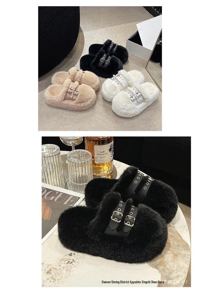 2025 Autumn/Winter Women's Plush Platform Slippers - Cozy Cotton, Thick Sole, Closed Toe