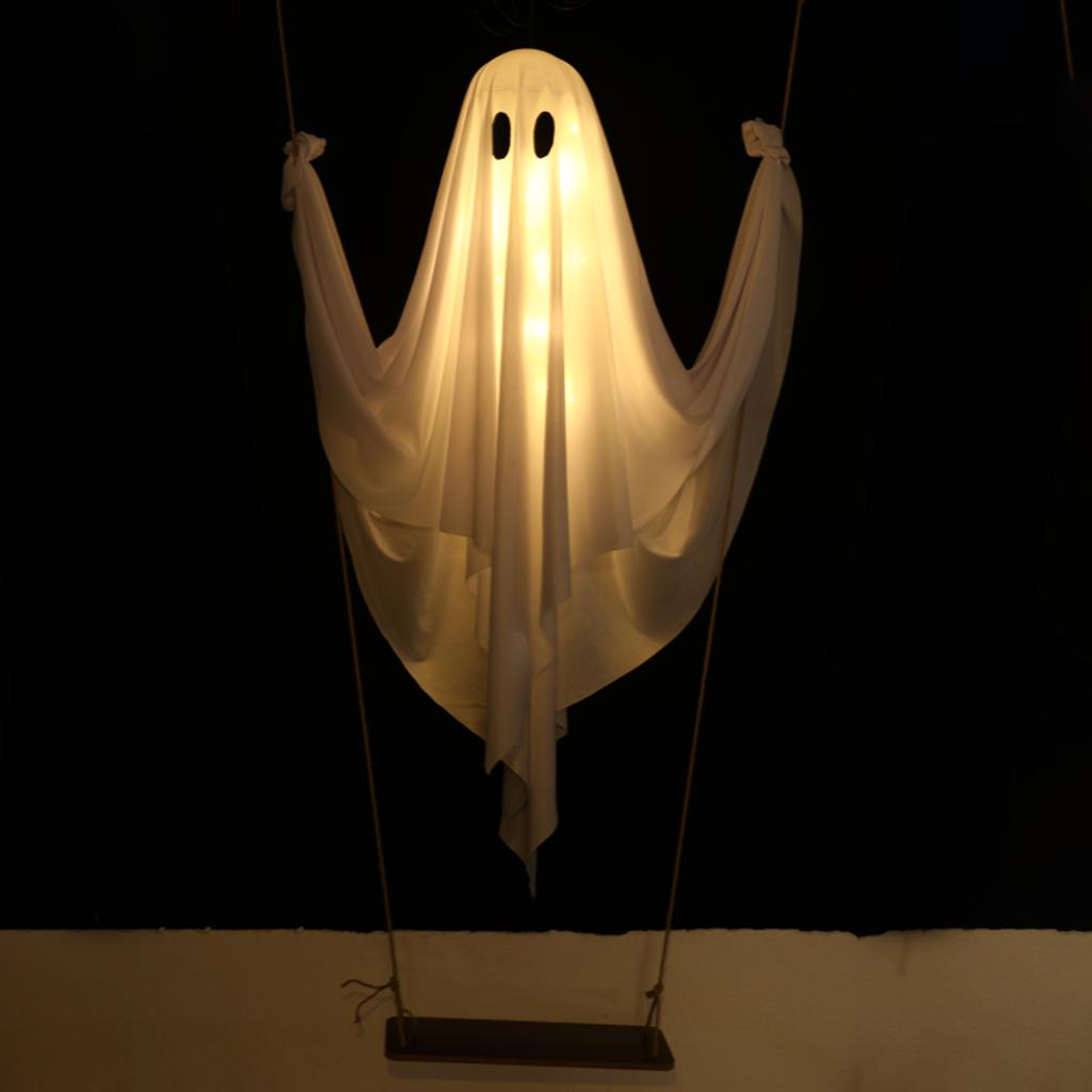 Halloween Outdoor Decoration - 5ft Large Hanging Swing Halloween Decoration With String Lights - Scary Cute Decoration For Front Porch Patio Tree