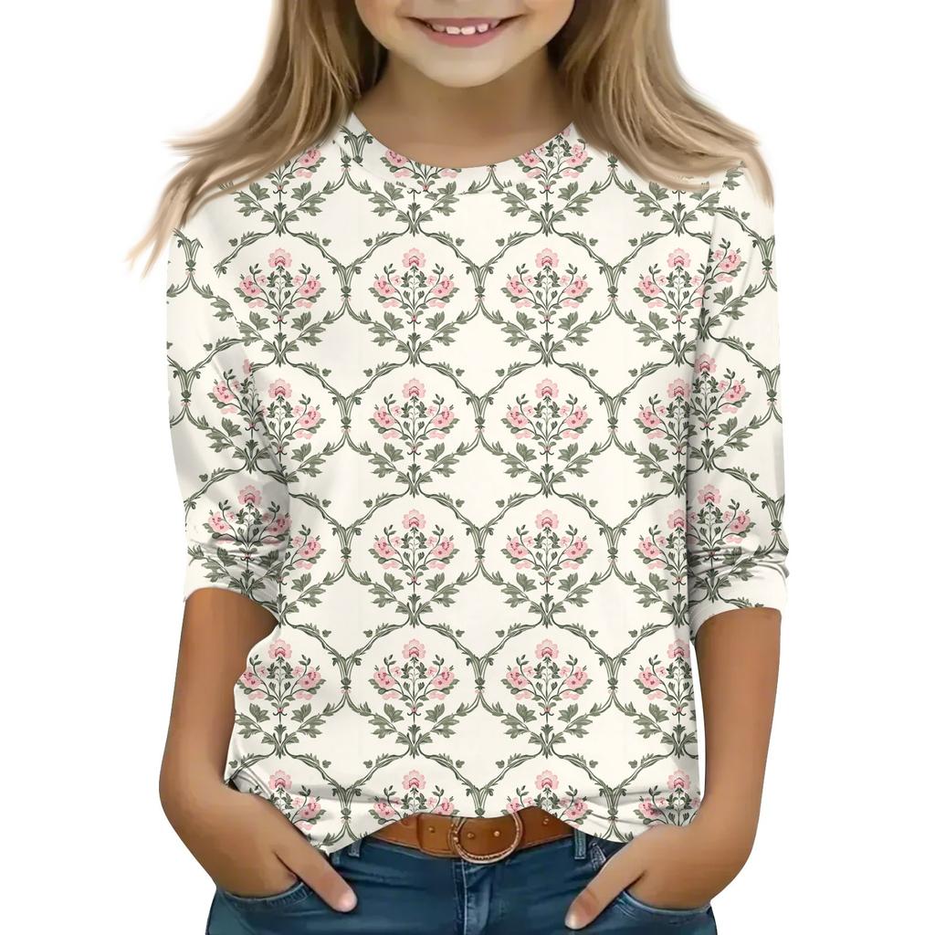 Print Tops For Youth Girls Round Neck 3/4 Sleeves T-Shirts Trendy Tops Outfit Tees