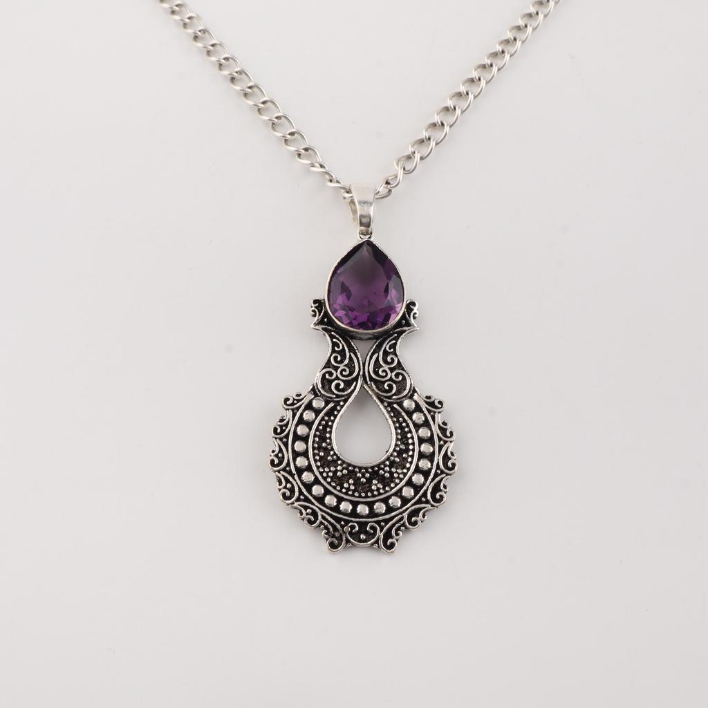 Amethyst Gemstone 925 Sterling Silver Handmade Jewelry Designer Pendant 1.8" For Your Love CP-45-2