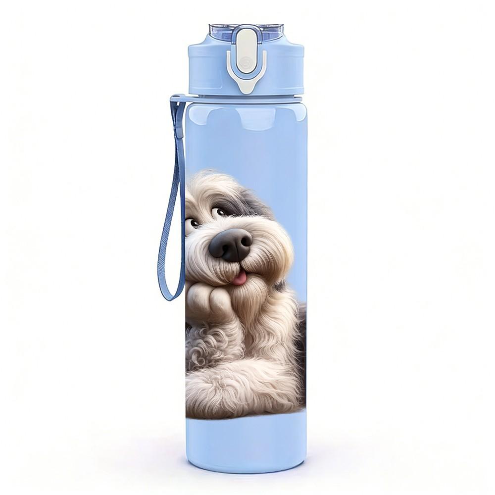 1PC Fluffy Old Dog Pet Portrait Print 750ml Color Plastic Sports Water Bottle Leakproof Flip Straw Lid Suitable for Sports Office Home Use