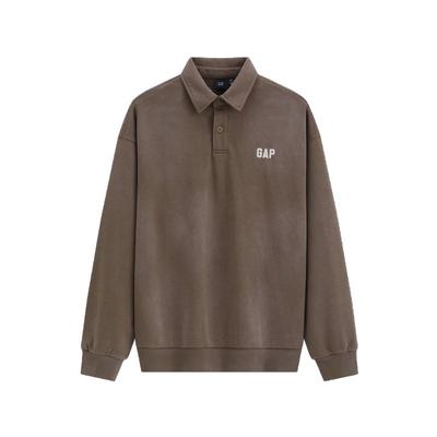 Unisex Vintage Washed Logo Embroidered Loose Long Sleeve Polo Shirt