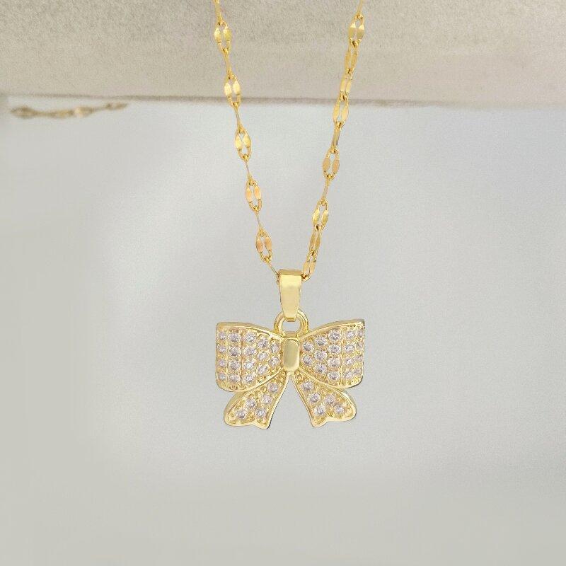 1pcs Fashion Simple and Lovely Bow Pendant Titanium Steel Micro-zircon Necklace Light Luxury Chain Accessories