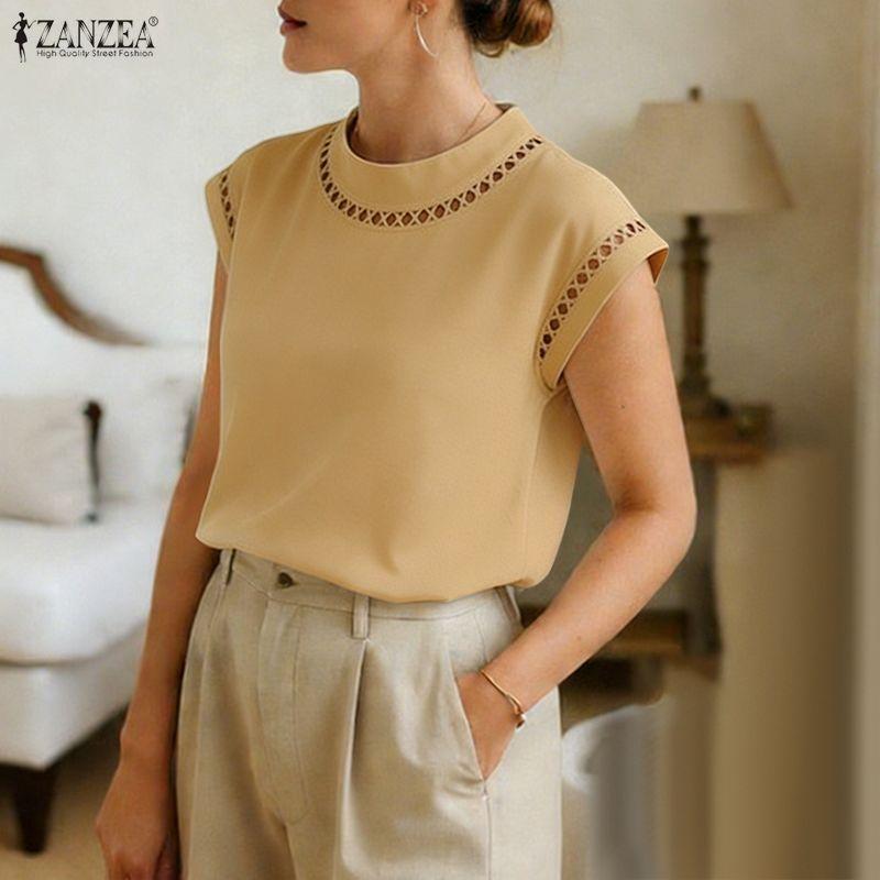 ZANZEA Women Elegant Round Neck Casual Short Sleeve Blouse