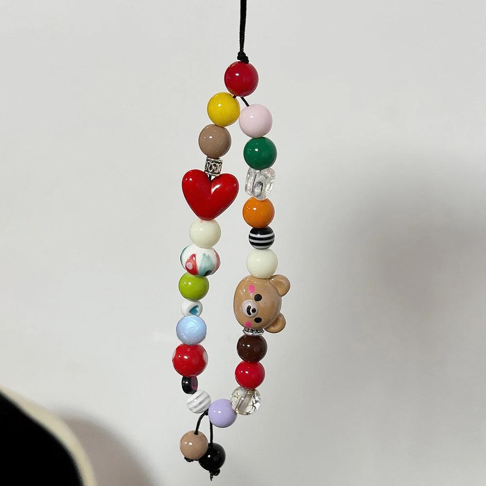 Jewelry Strap Cute Bear Colored Beaded Phone Writ Strap Charm Chain Keycord Stylish Heart For All Phone Case Car Key Camera Bag