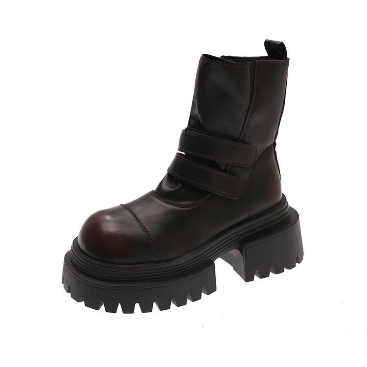 

European leather Velcro platform muffin Martin boots versatile Chelsea boots platform small 6cm women s shoes 40 коричневый