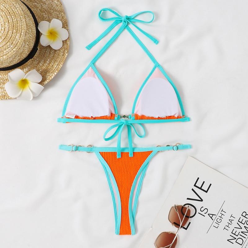 Damen Neongelb Kontrastbesatz Bikini-Set mit Perlenketten-Detail, Krepp-Textur Zweiteiliger Badeanzug