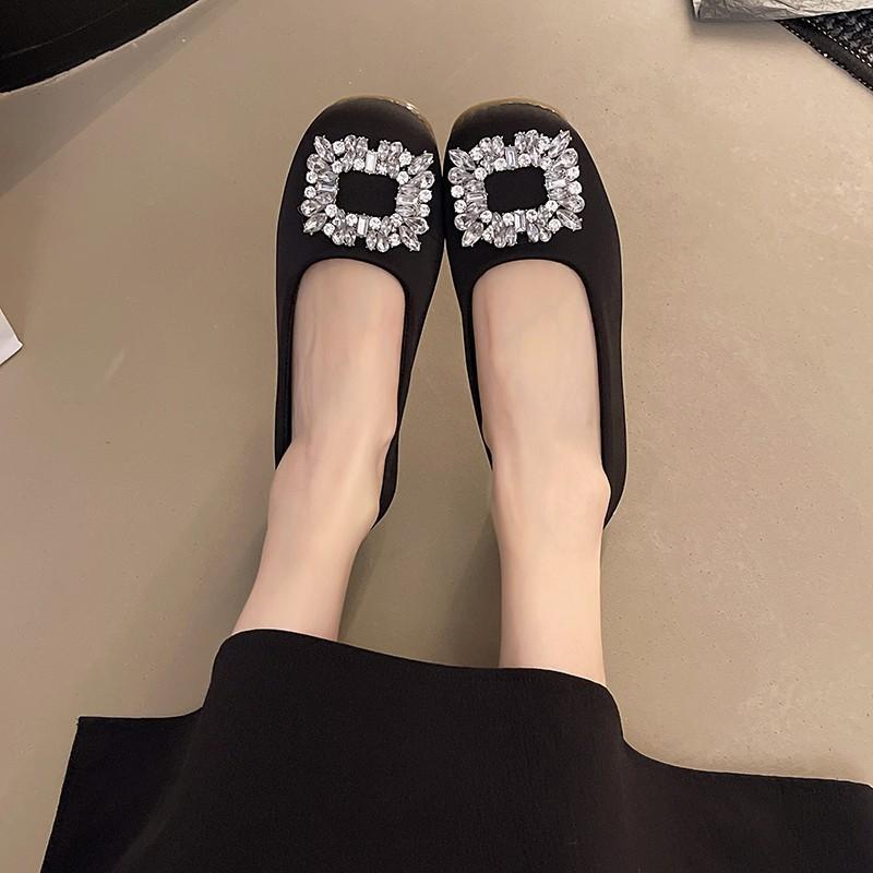 French Rhinestone Satin Square Head Single Shoes Women's 2025 New Spring Flat Temperament with Skirt Mary Jane Shoes Ladyshoes