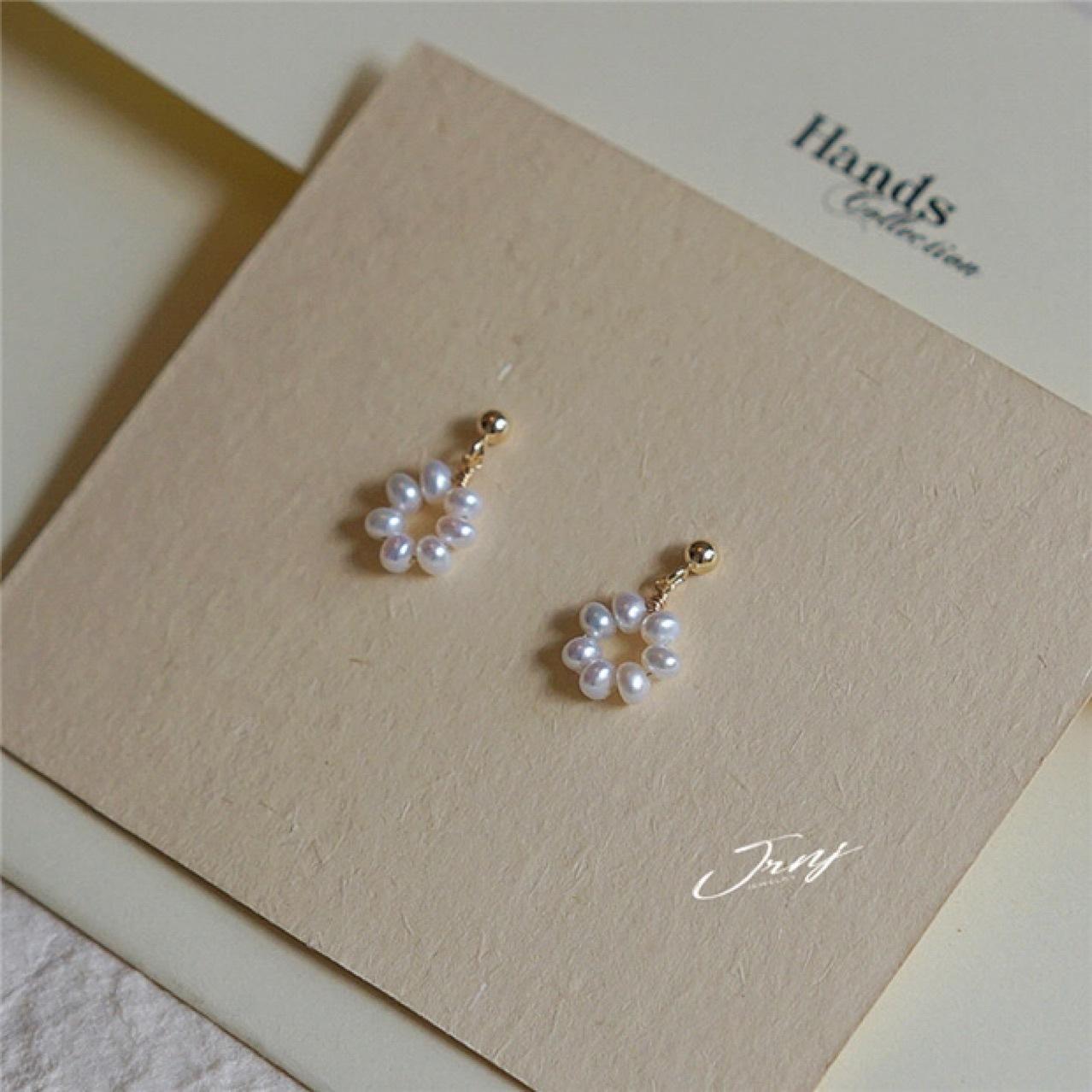 S925 Silver Needle Korean Simple Flower Mini Natural Pearl Earrings 14K Gold-wrapped Good Match Gentle Temperament Earrings Silver needle (earrings)