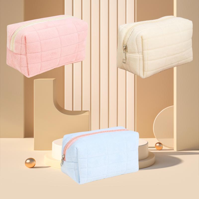 Solid Makeup Color Bag Portable Large Capacity Checkered Travel Storage Wash Bag
